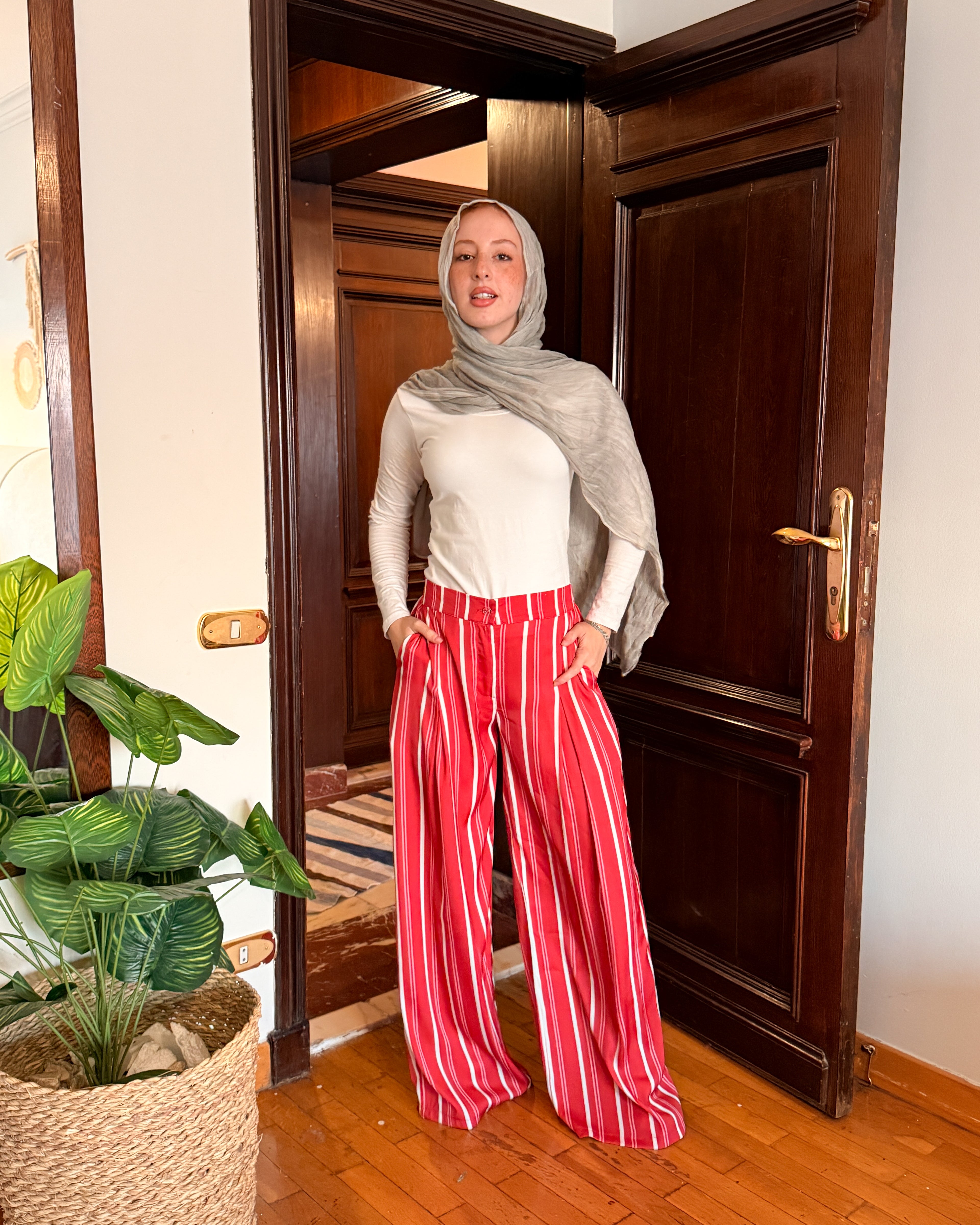 Striped Satin Pant - Red