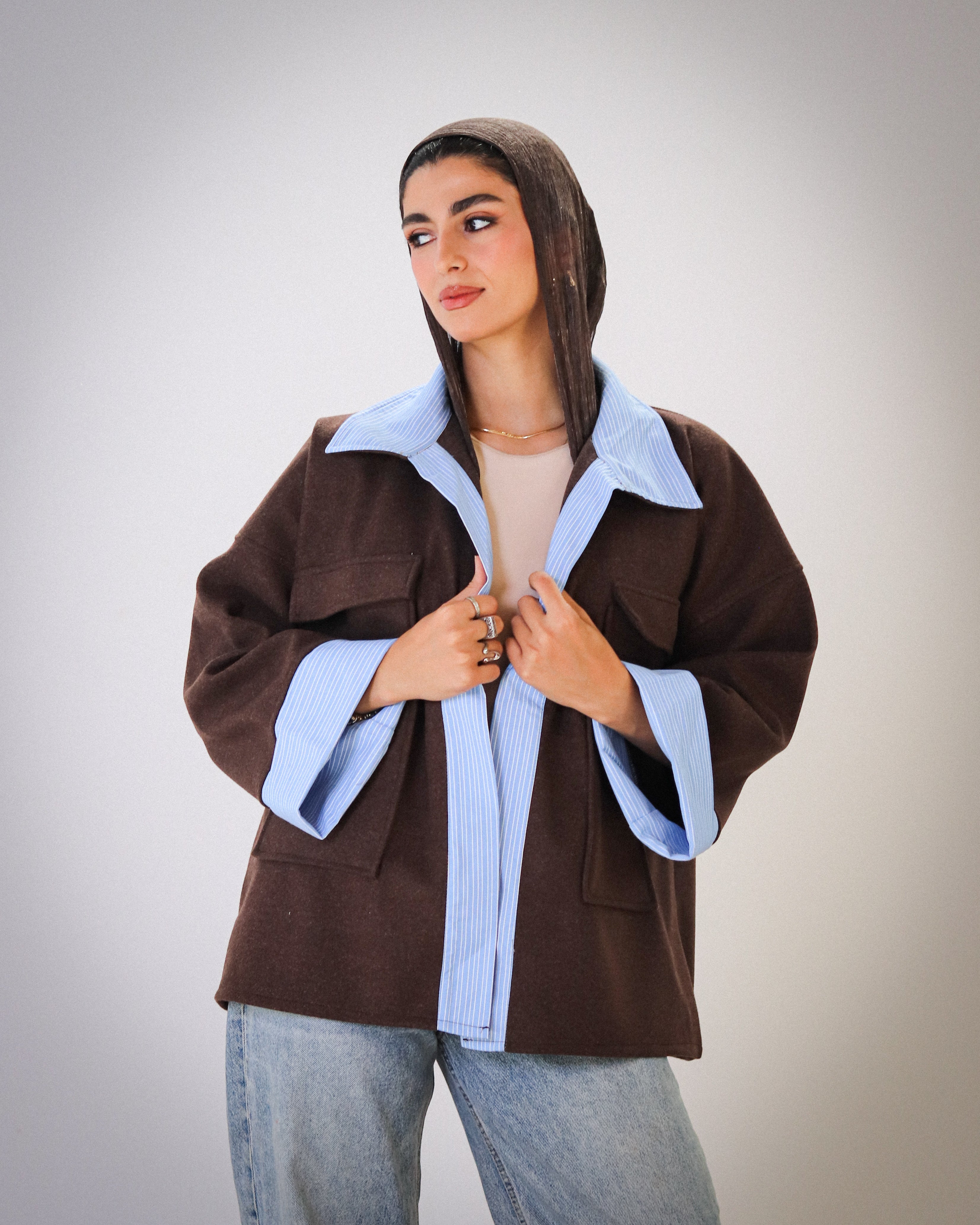 Striped Oversized Jacket - Brown