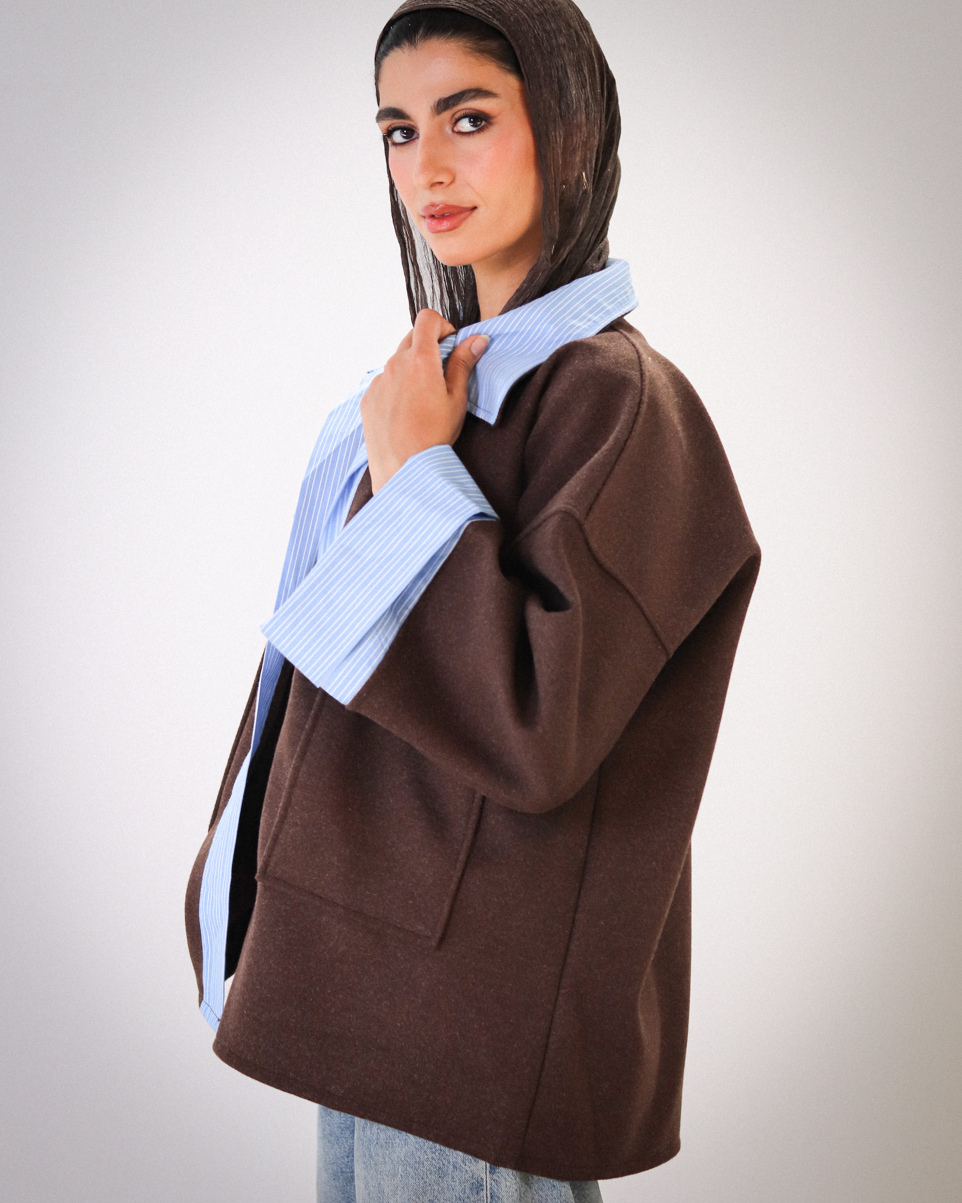 Striped Oversized Jacket - Brown