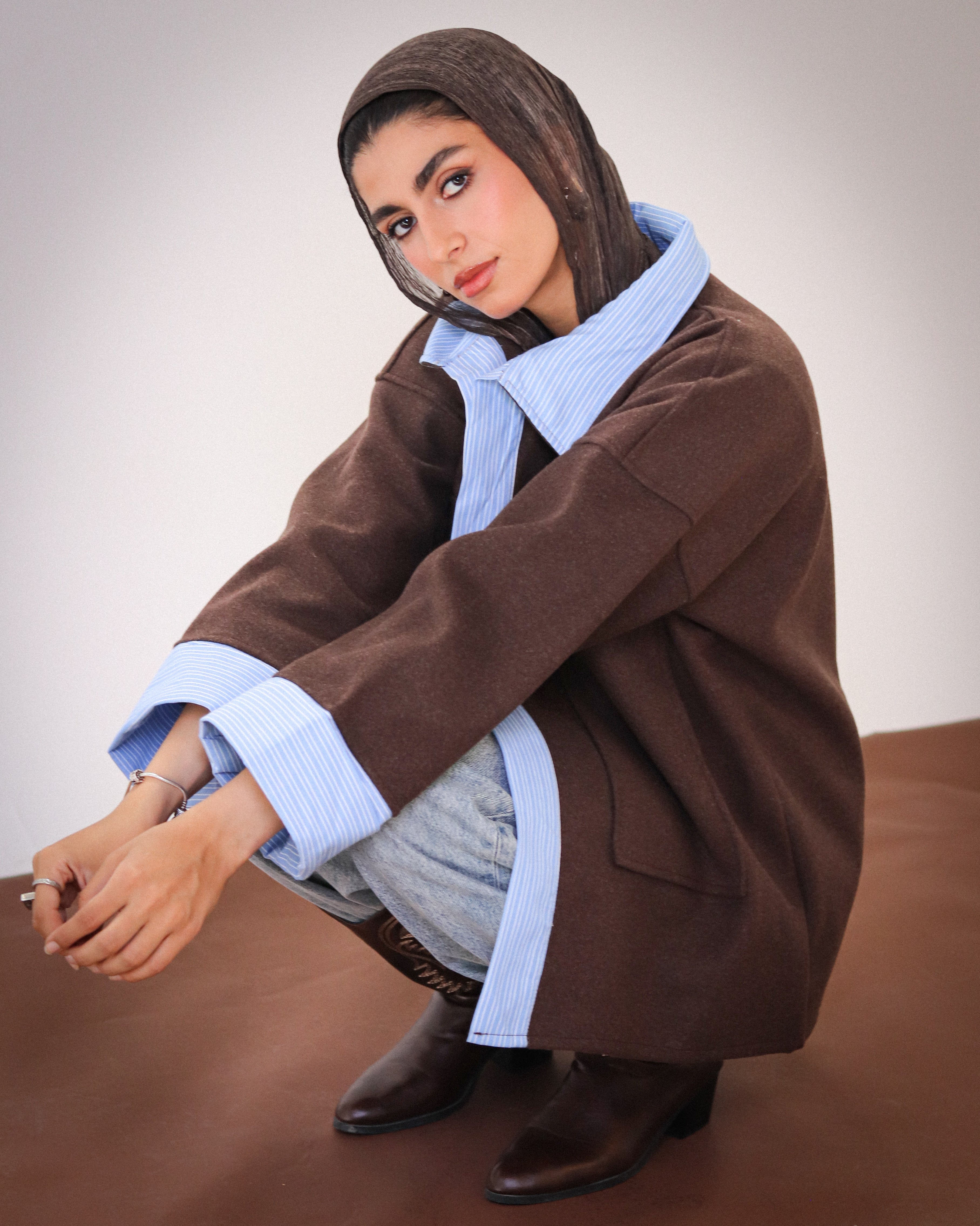 Striped Oversized Jacket - Brown