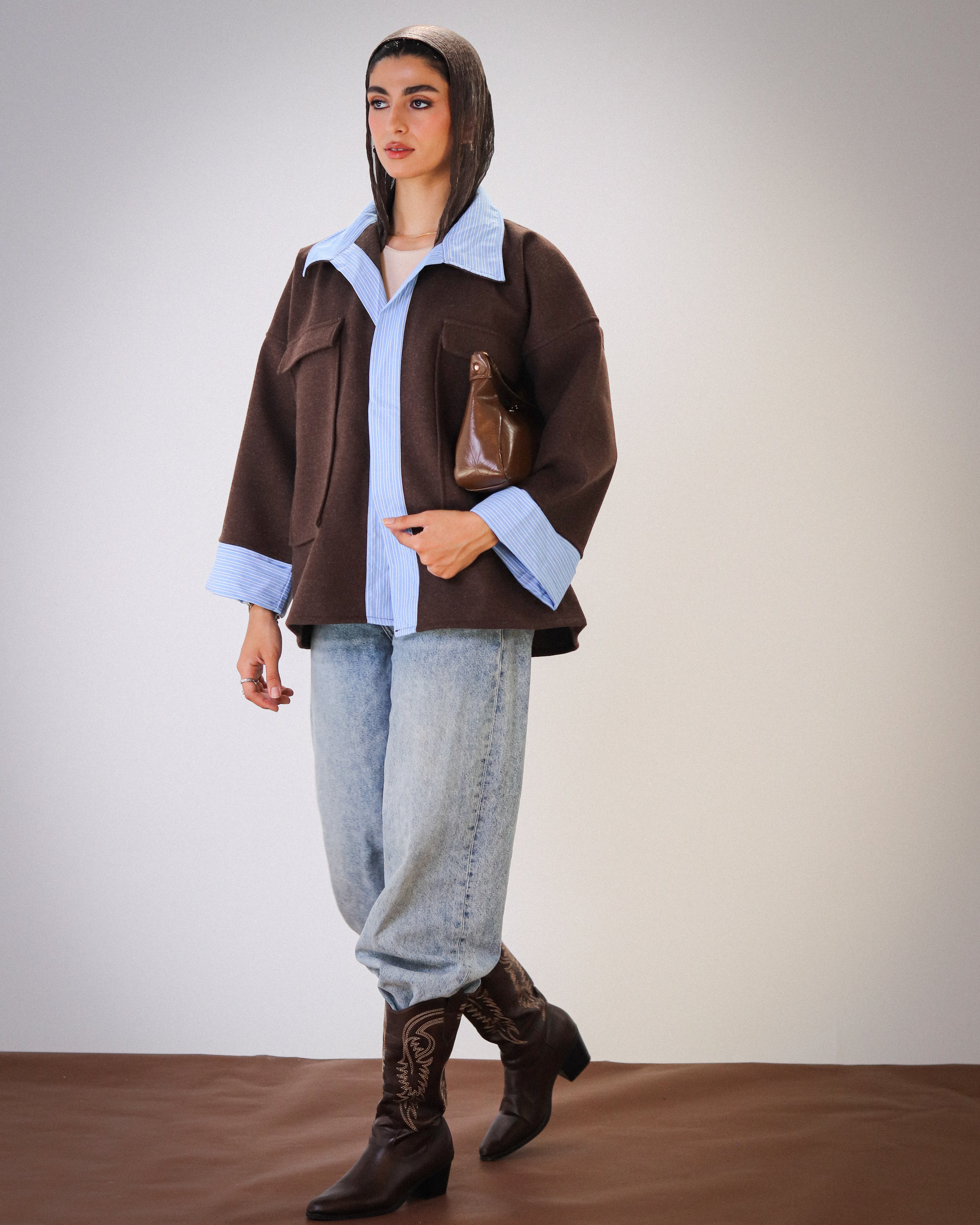 Striped Oversized Jacket - Brown