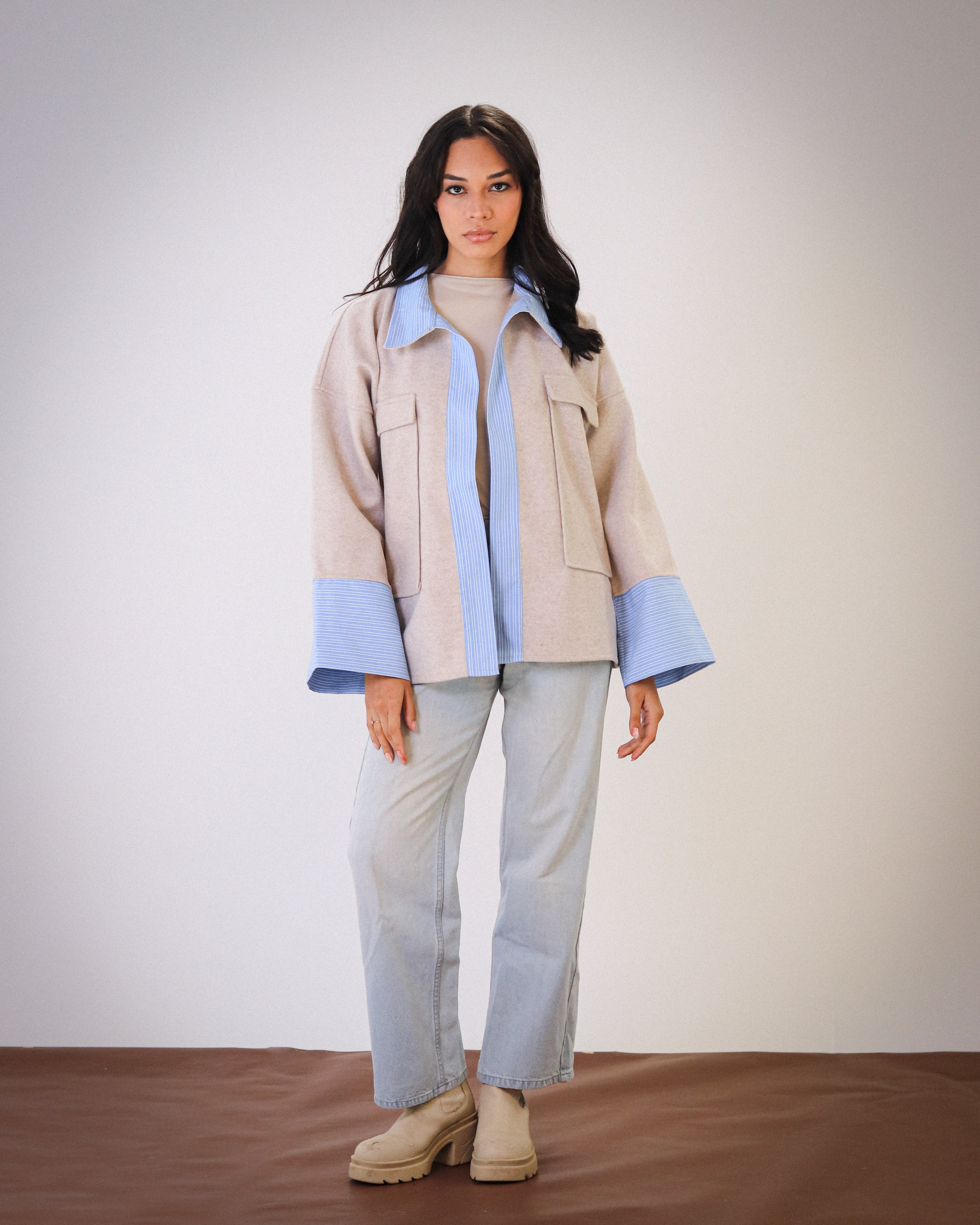 Striped Oversized Jacket - Beige