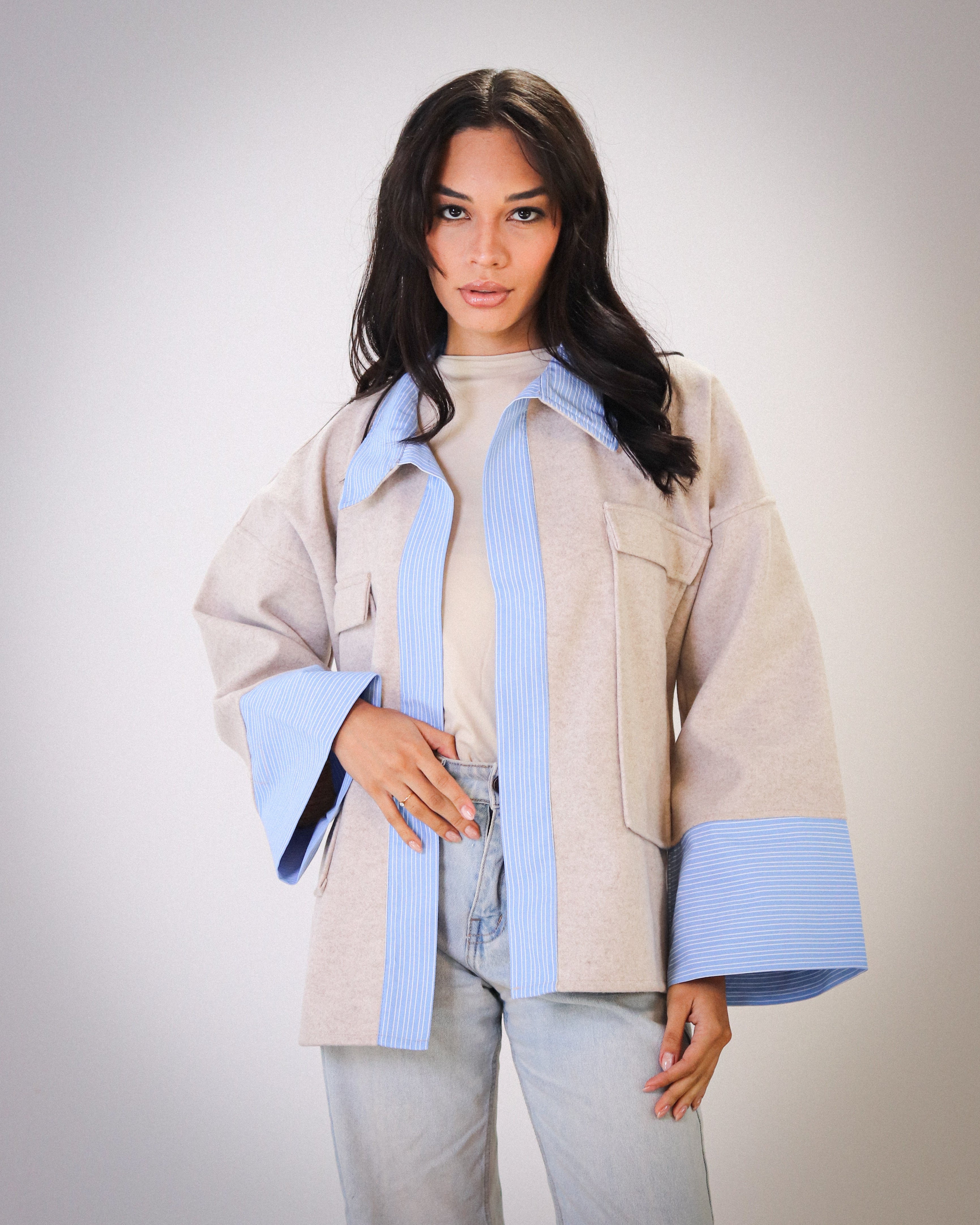 Striped Oversized Jacket - Beige