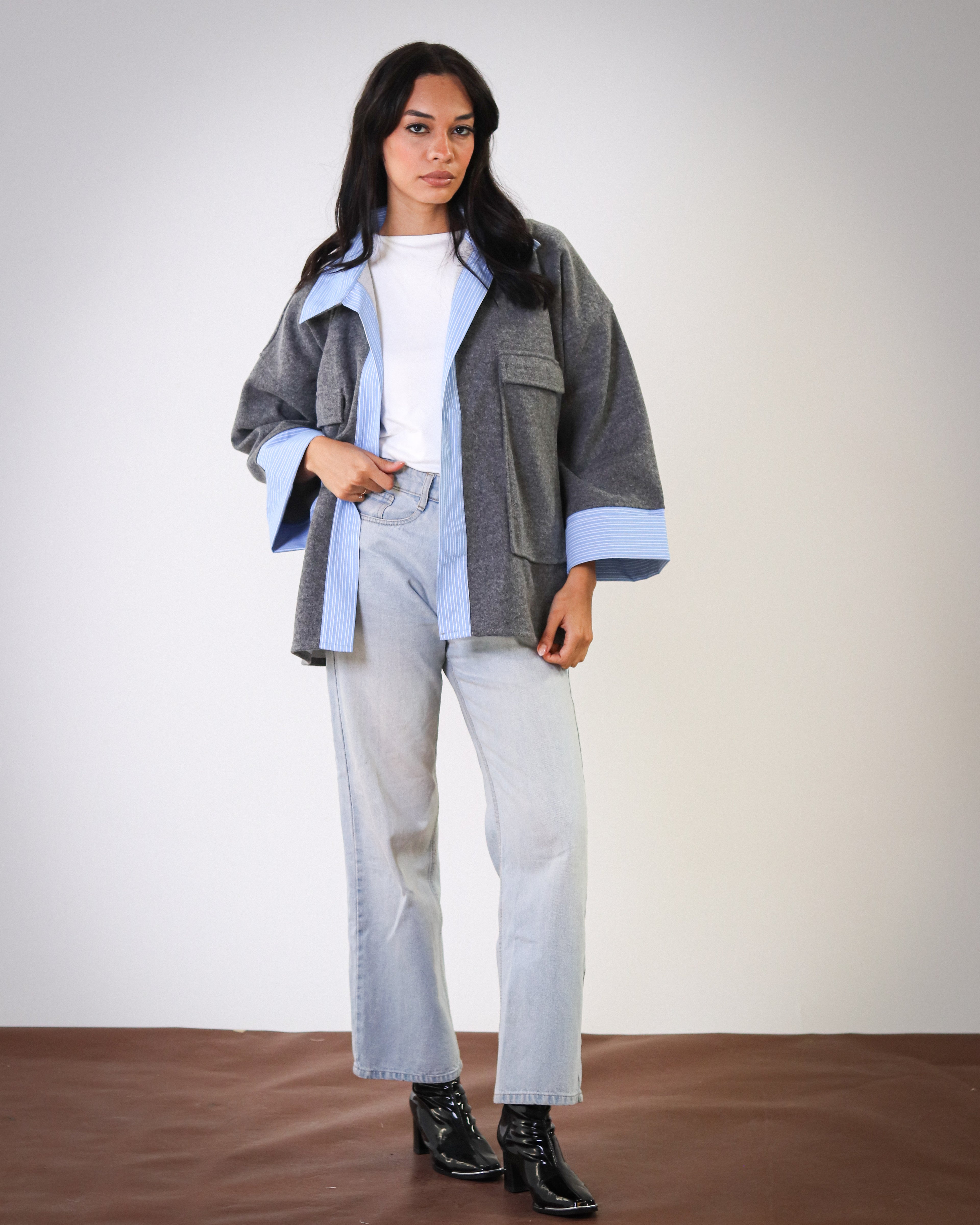 Striped Oversized Jacket - Grey