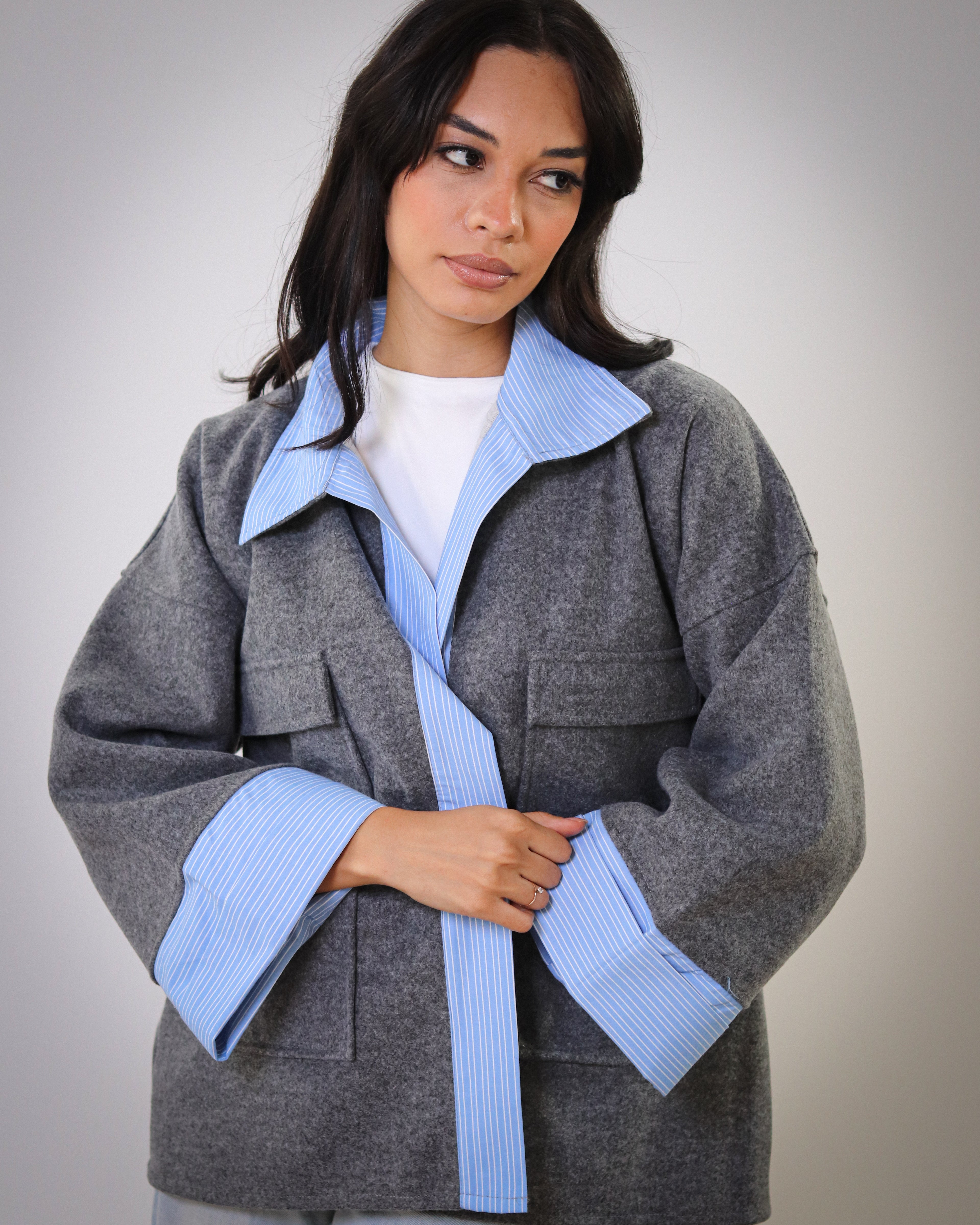 Striped Oversized Jacket - Grey