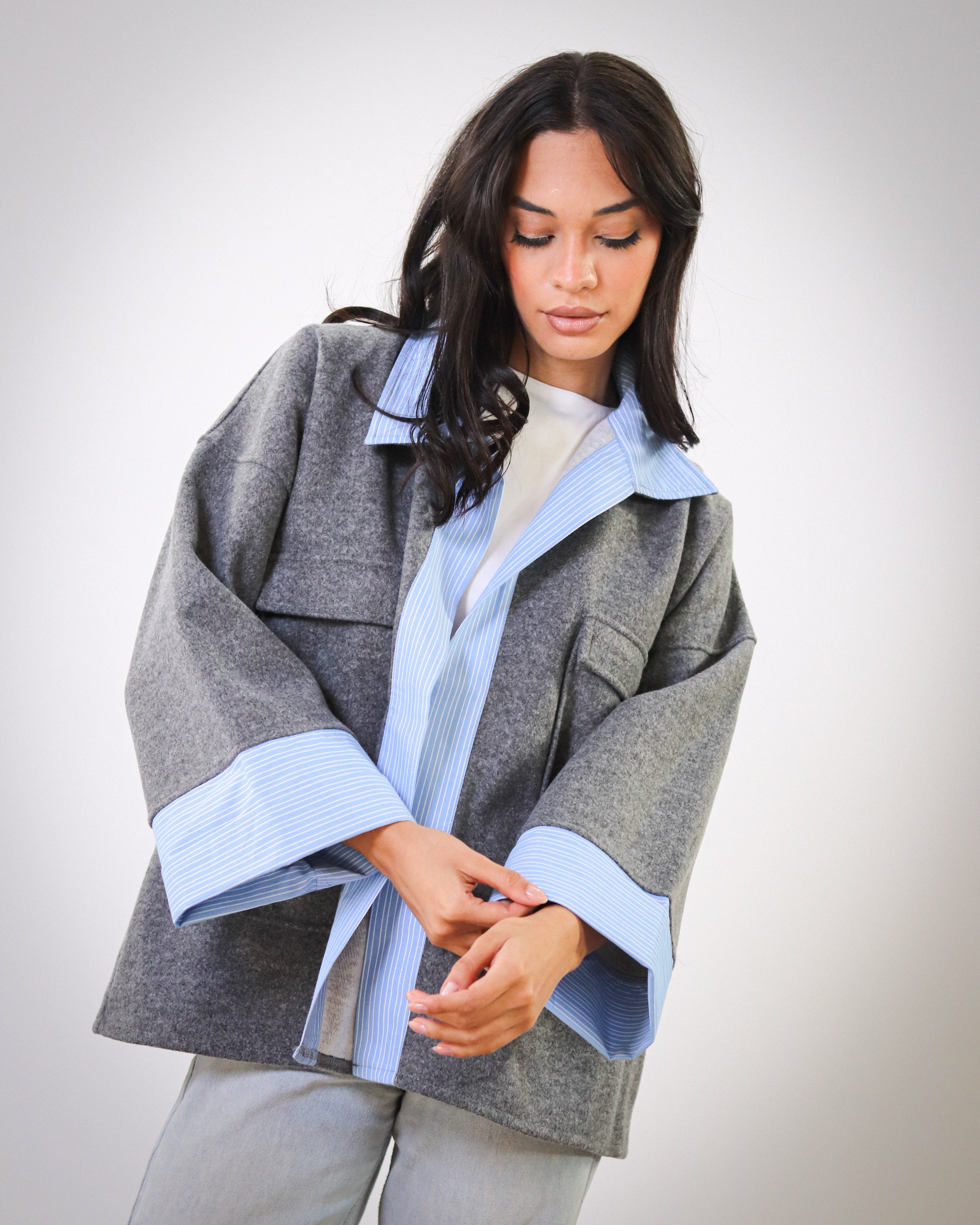 Striped Oversized Jacket - Grey