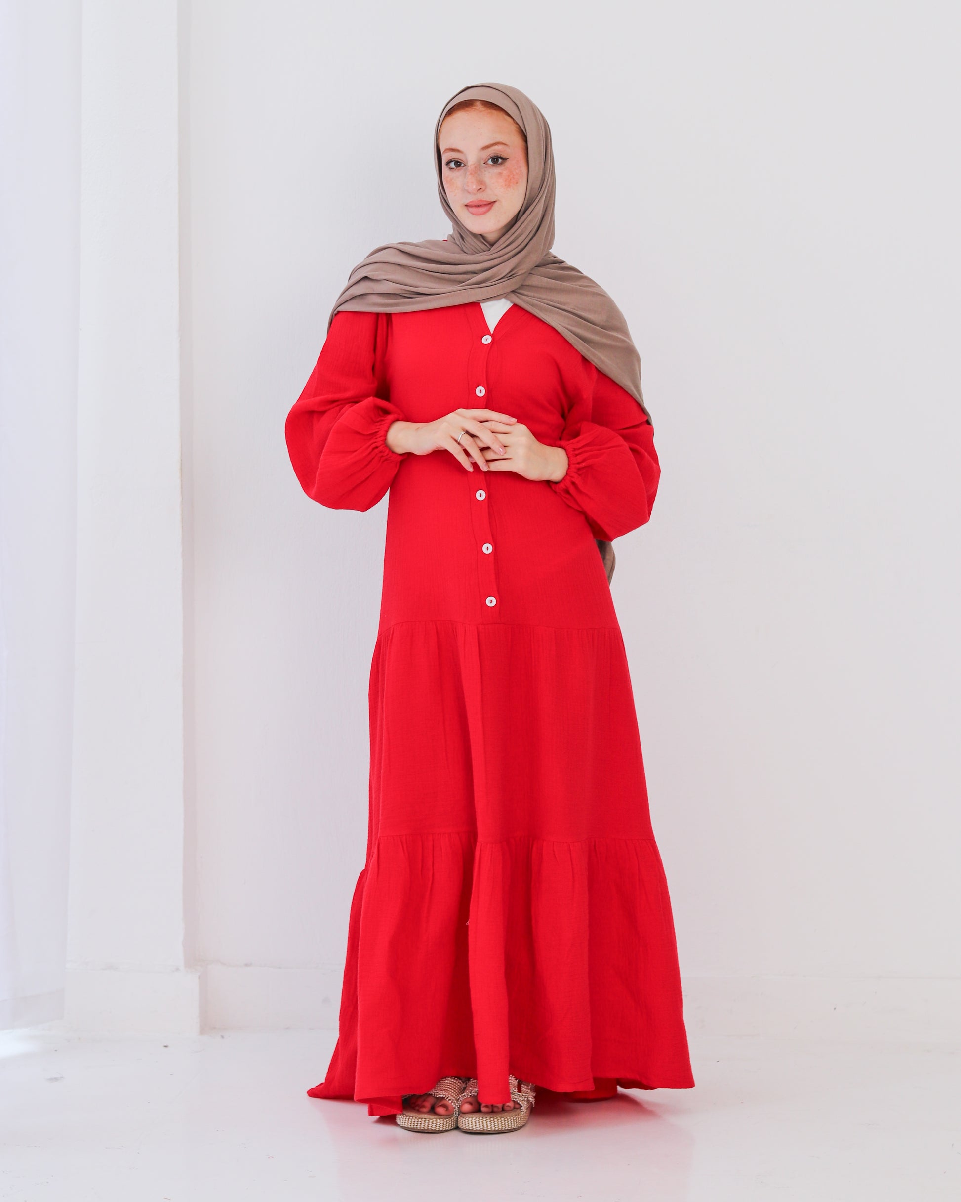 Flowy Linen Dress - Red