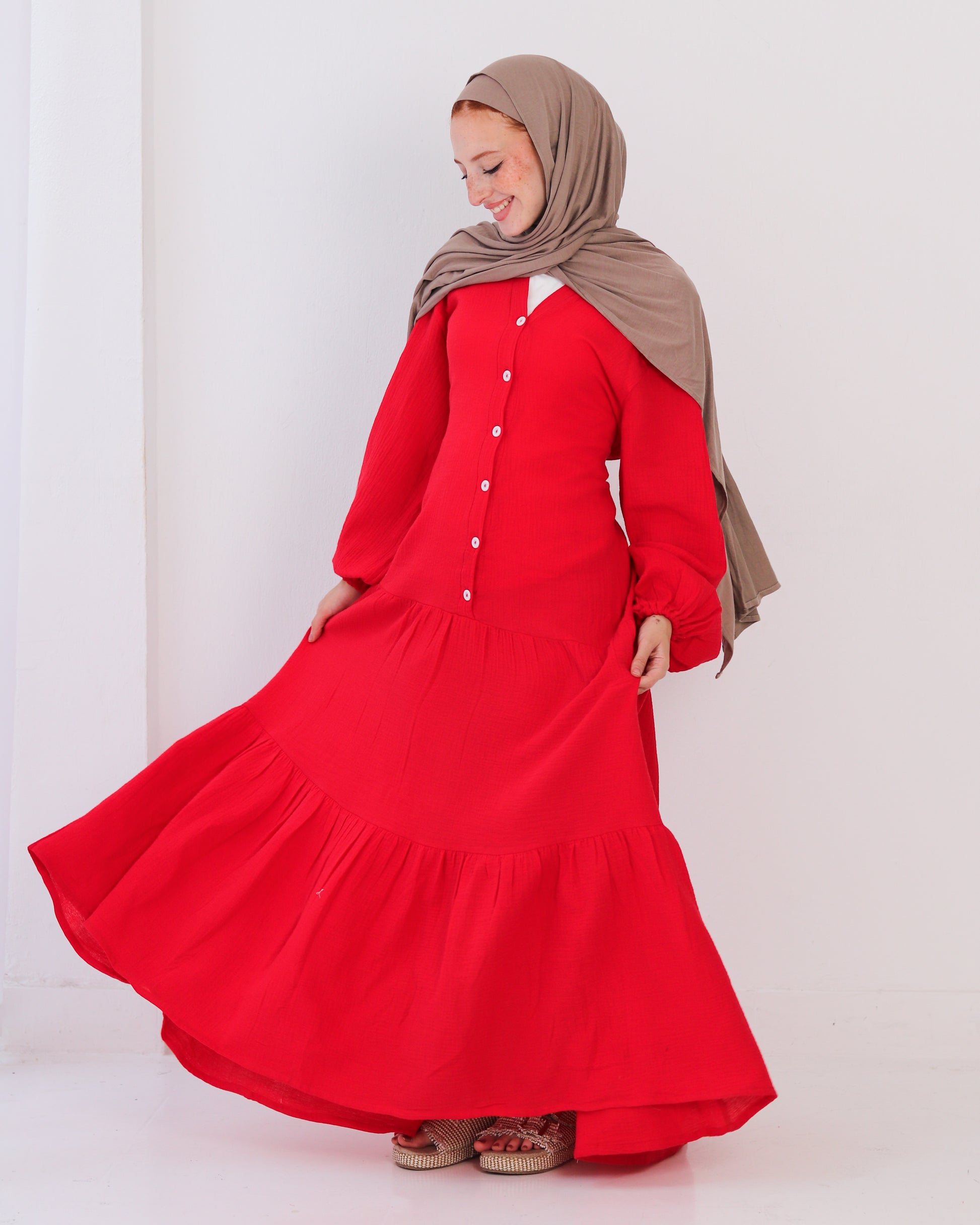 Flowy Linen Dress - Red