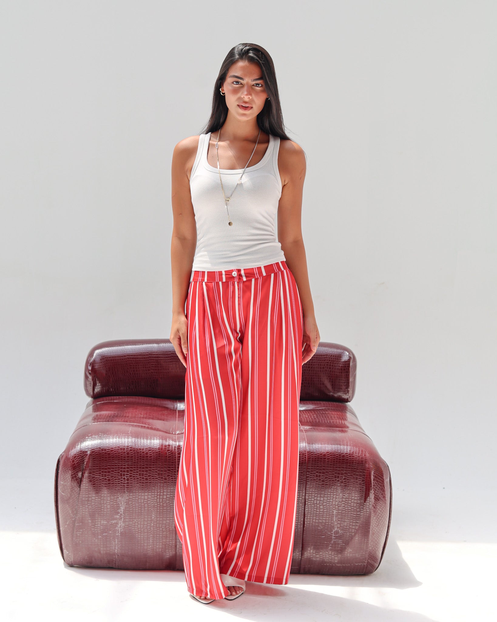 Striped Satin Pant - Red