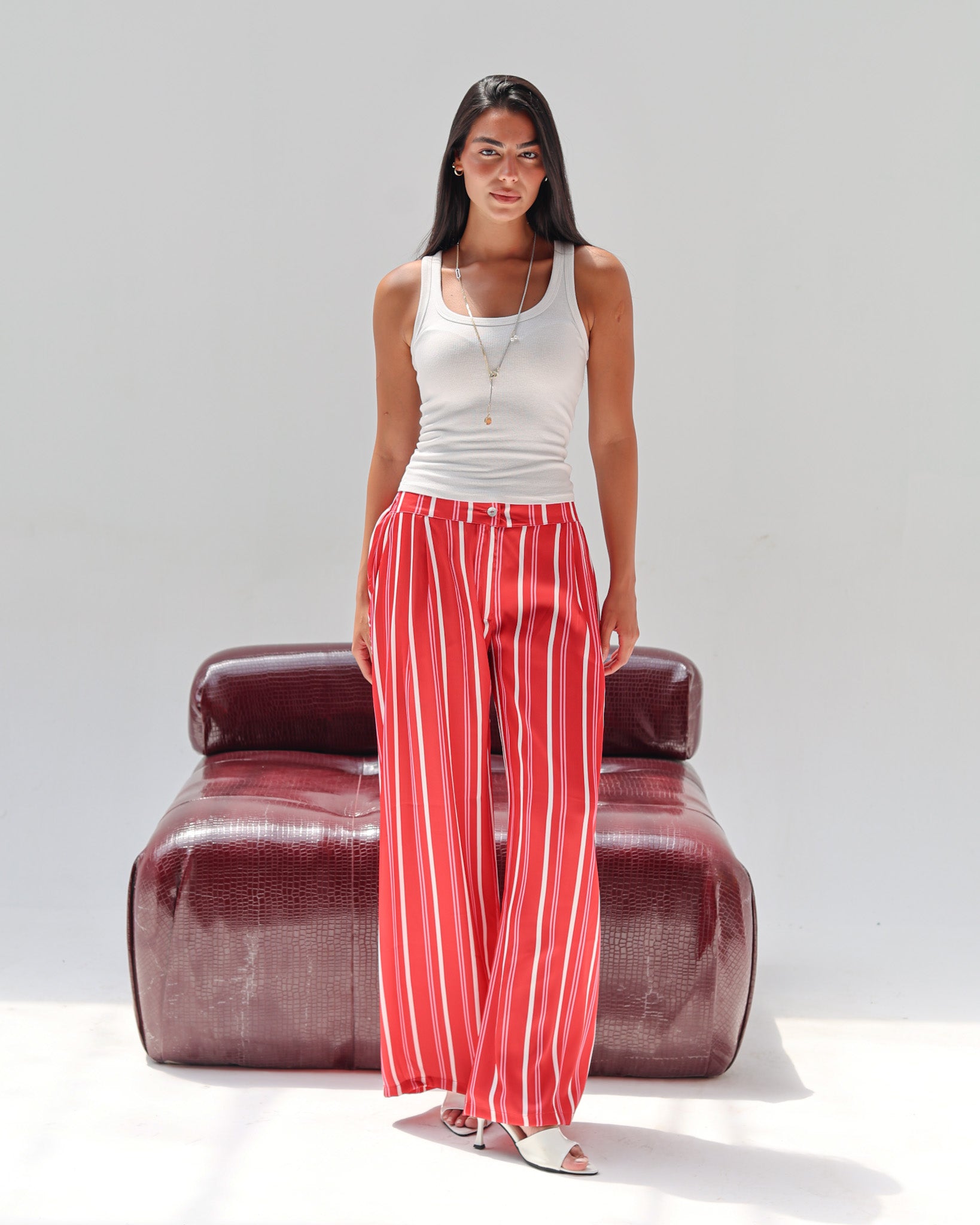 Striped Satin Pant - Red